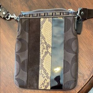Brown and Black Crossbody Coach Bag with Snake Print Accent